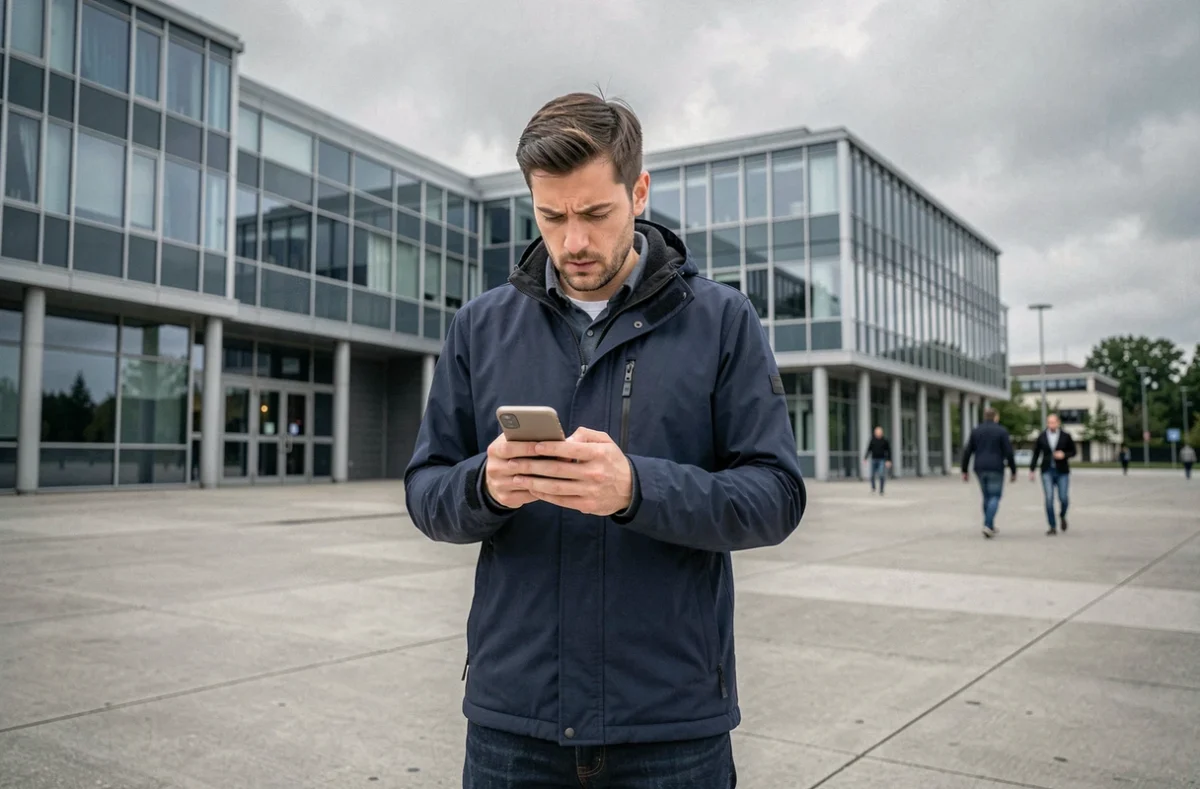 Homme consultant son smartphone devant un bâtiment administratif pour contacter le SGC Calais