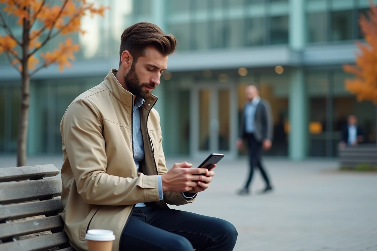 Homme consultant une application de calcul de salaire net sur smartphone devant une entreprise, en lien avec les 39 heures sans RTT