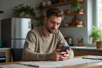 Homme détendu regardant son smartphone à la maison