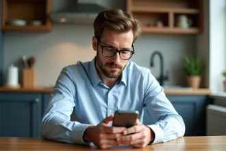 Homme en cuisine moderne regardant son smartphone