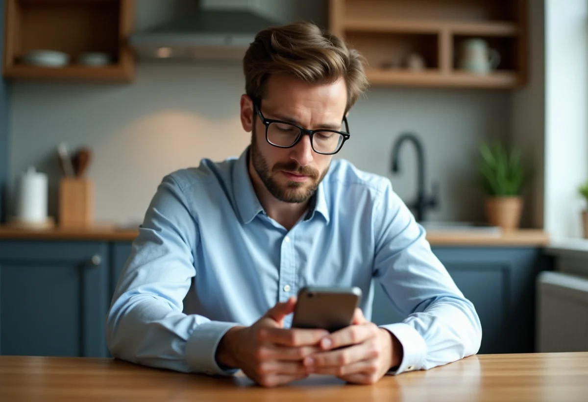 Homme en cuisine moderne regardant son smartphone