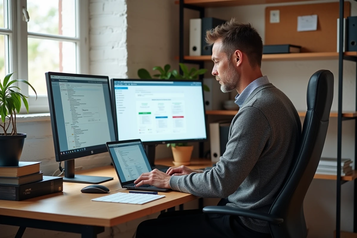 Homme en télétravail gérant son webmail et son intranet sur deux écrans dans un bureau à domicile