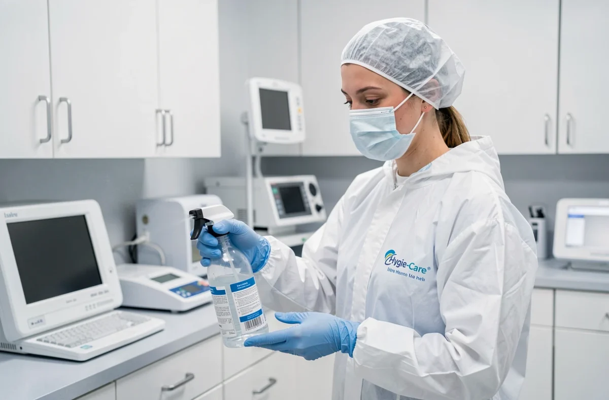Spécialiste Hygie-Care en tenue stérile désinfectant une salle médicale dans une clinique en Isère
