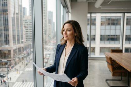 Femme d'affaires analysant la localisation stratégique de son entreprise face à un panorama urbain
