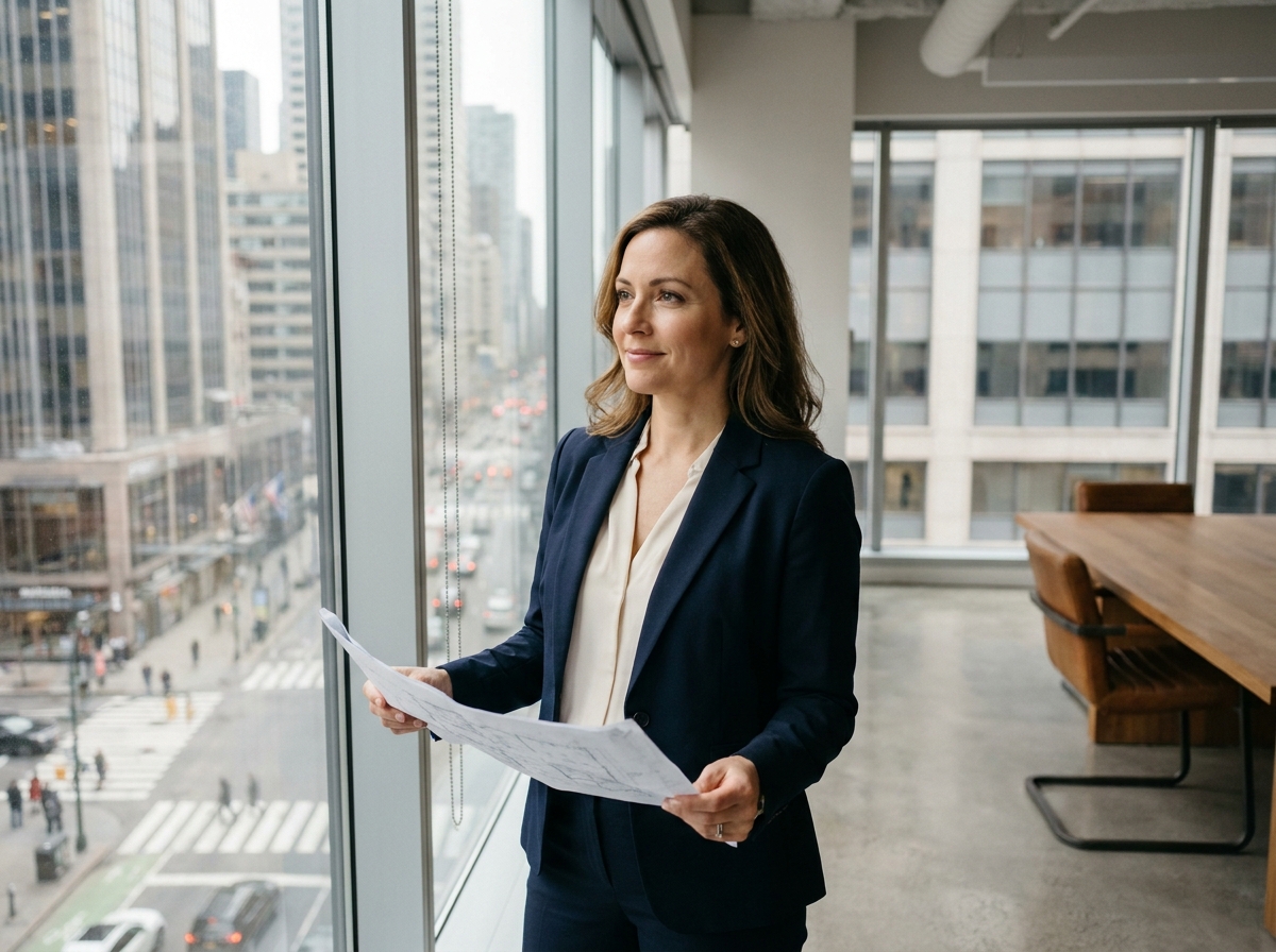 Femme d'affaires analysant la localisation stratégique de son entreprise face à un panorama urbain