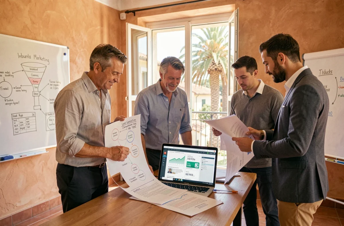 Équipe marketing en région PACA réunie autour d'un rapport de génération de leads et d'une stratégie inbound marketing avec des métriques de contenu affichées