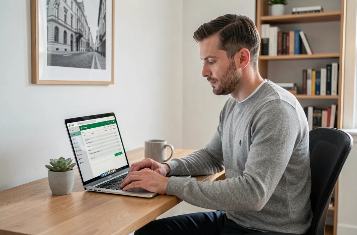 Un travailleur indépendant en portage salarial consulte son bulletin de salaire sur un ordinateur portable dans un bureau à domicile épuré
