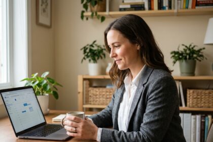 Indépendante utilisant un agenda en ligne professionnel sur son ordinateur portable dans un bureau à domicile