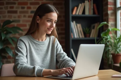 Indépendante travaillant sur son portfolio freelance depuis un bureau à domicile chaleureux, illustrant la monétisation des compétences sur Zalentrapro.fr