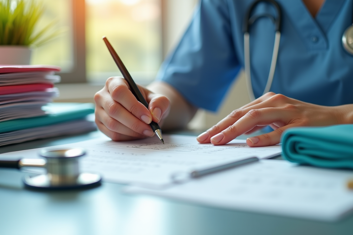 Main d infirmière remplissant un registre comptable