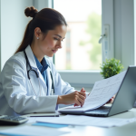 Infirmière en blouse blanche travaillant à un bureau lumineux