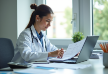 Infirmière en blouse blanche travaillant à un bureau lumineux