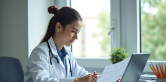 Infirmière en blouse blanche travaillant à un bureau lumineux