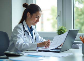 Infirmière en blouse blanche travaillant à un bureau lumineux
