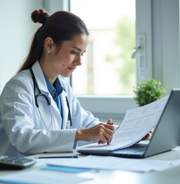 Infirmière en blouse blanche travaillant à un bureau lumineux