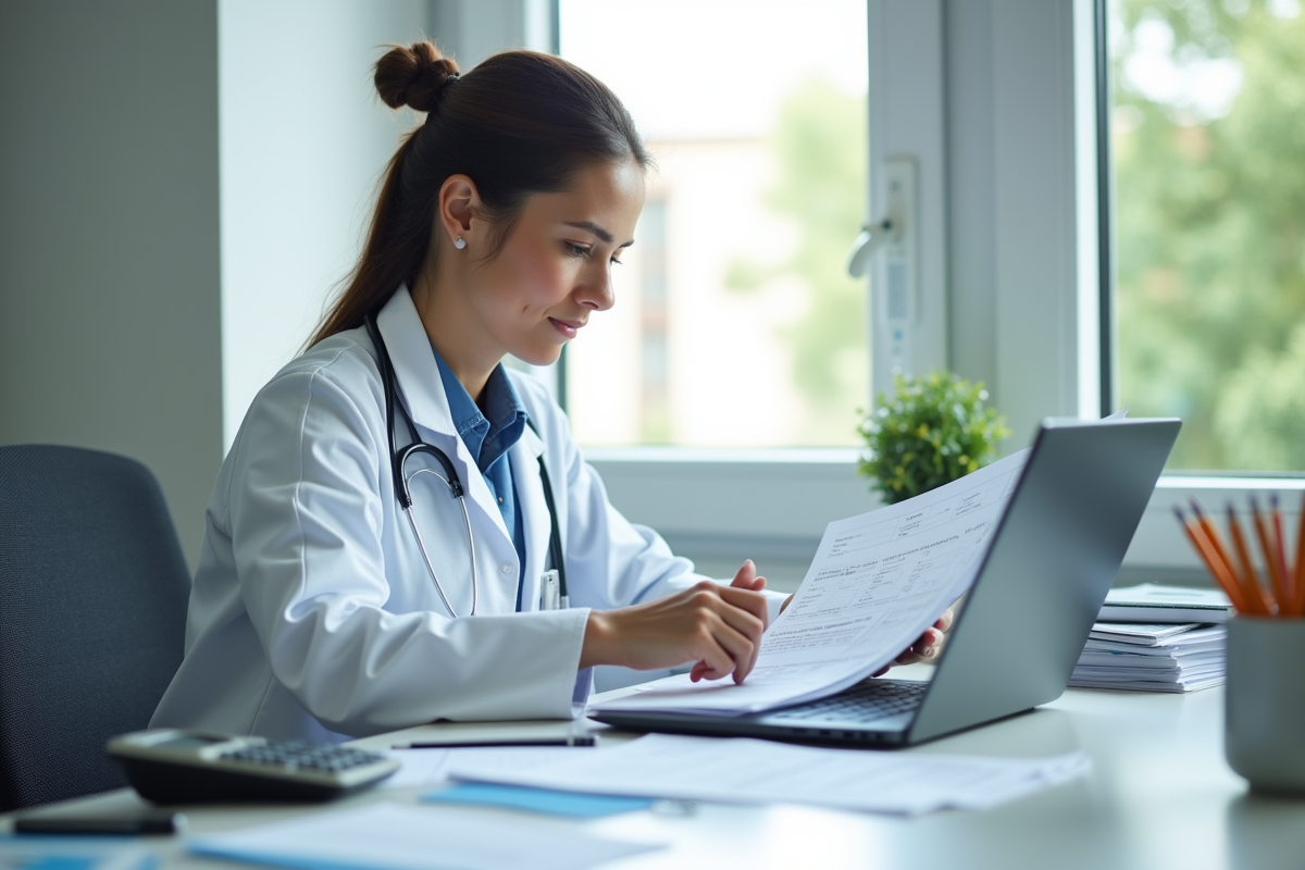 Infirmière en blouse blanche travaillant à un bureau lumineux