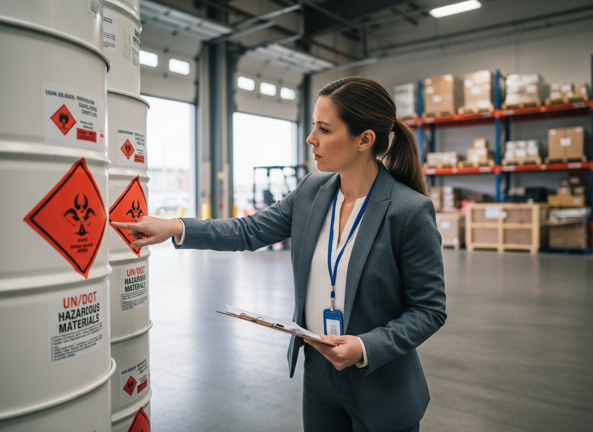 Inspectrice logistique examinant des étiquettes de produits chimiques