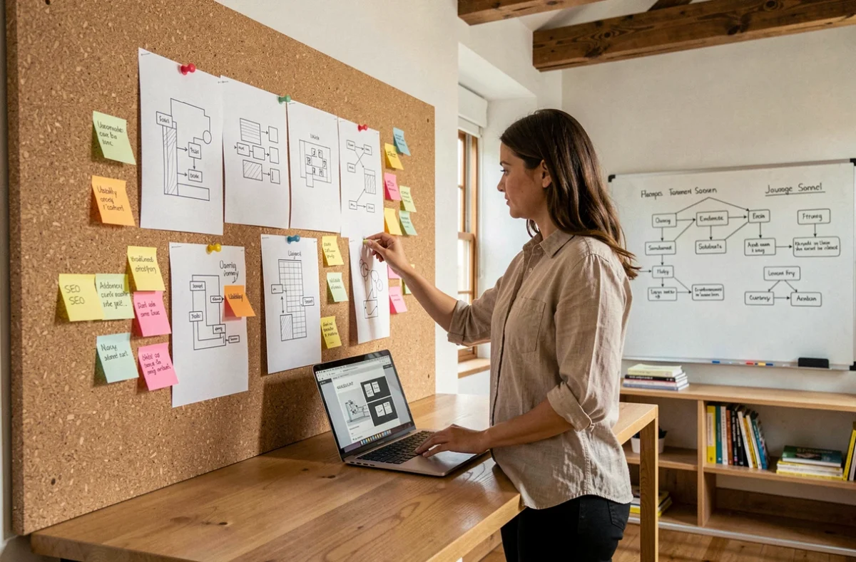 Designer UX intégrant des critères SEO dès la conception, avec des wireframes et des parcours utilisateurs affichés sur un mur liège dans un studio moderne