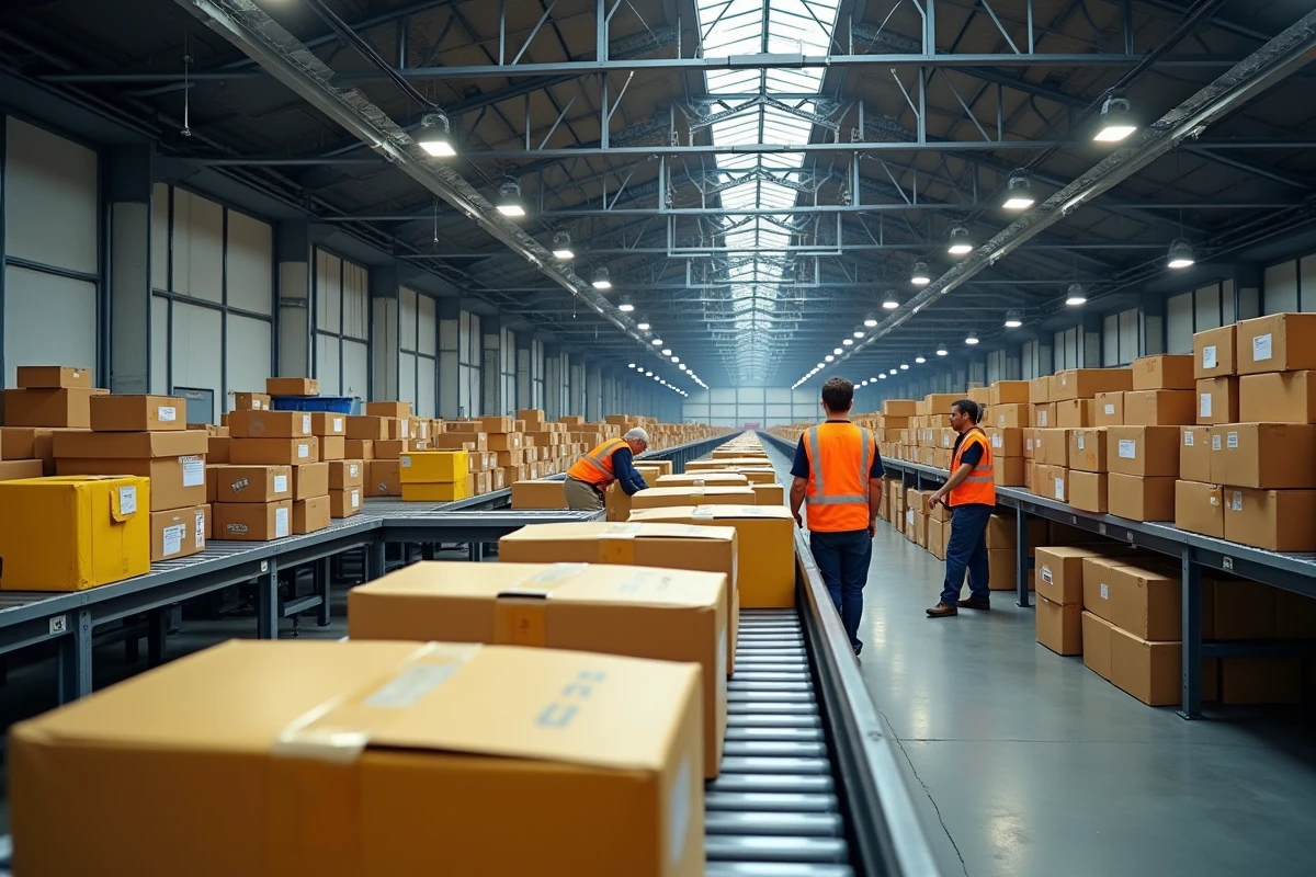 Vue large de l'intérieur d'un hub logistique de tri de colis avec convoyeurs automatisés et agents en gilet haute visibilité