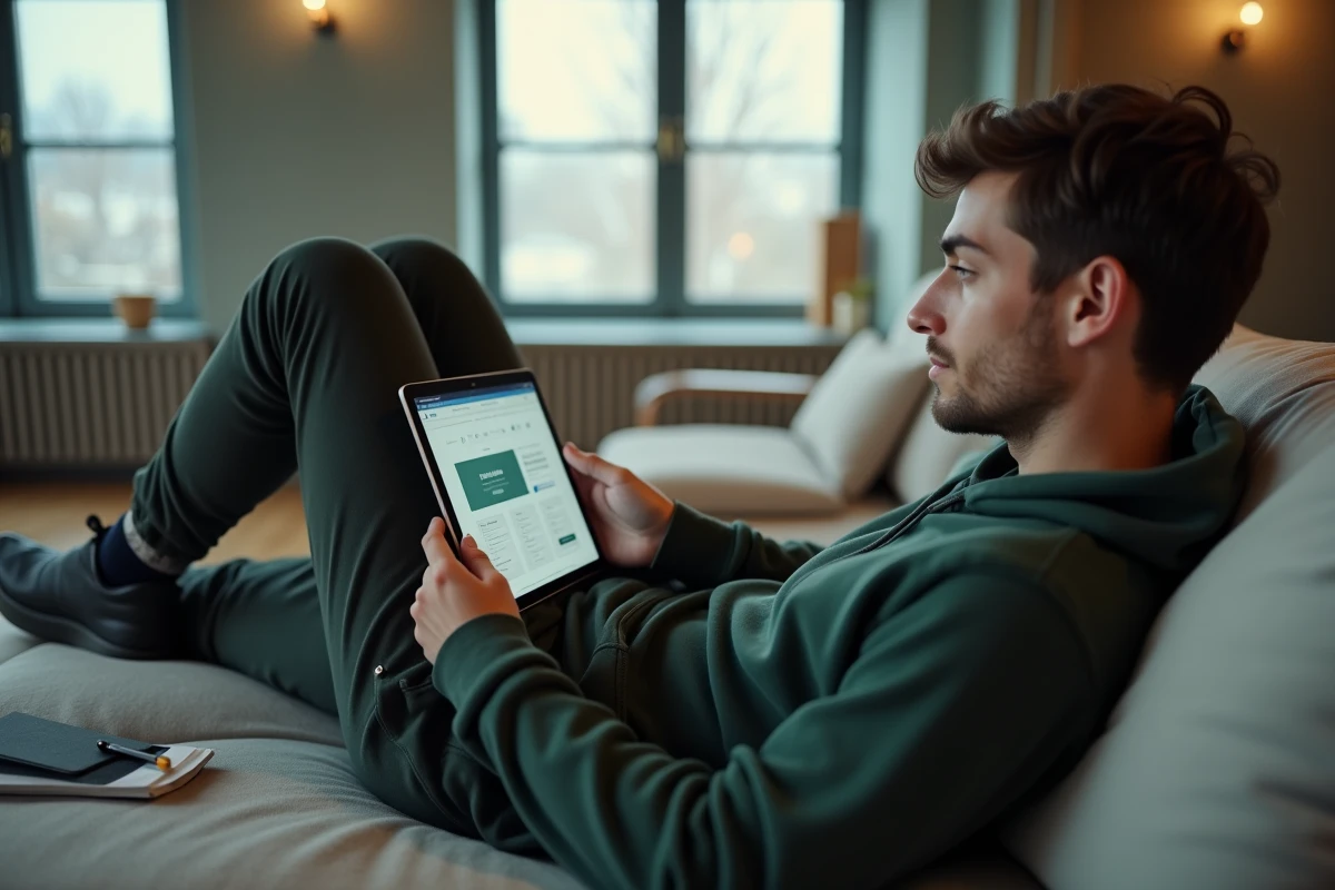 Jeune adulte consultant les filtres et alertes d'un site d'offres d'emploi sur une tablette depuis son appartement