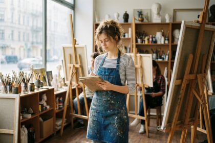 Jeune étudiante en art esquissant dans son atelier lumineux