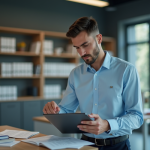 Jeune assistant section officer utilisant une tablette dans un bureau professionnel