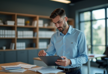 Jeune assistant section officer utilisant une tablette dans un bureau professionnel