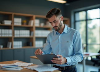 Jeune assistant section officer utilisant une tablette dans un bureau professionnel
