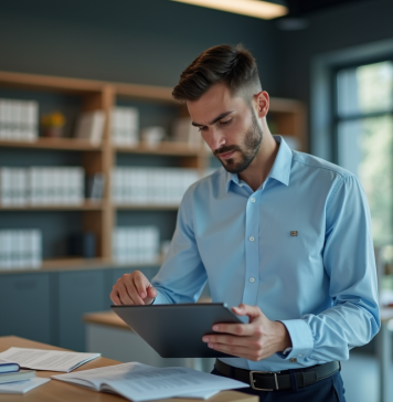 Jeune assistant section officer utilisant une tablette dans un bureau professionnel
