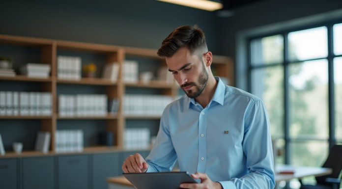 Jeune assistant section officer utilisant une tablette dans un bureau professionnel