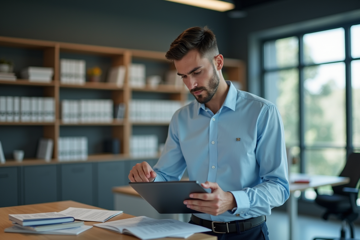 Jeune assistant section officer utilisant une tablette dans un bureau professionnel