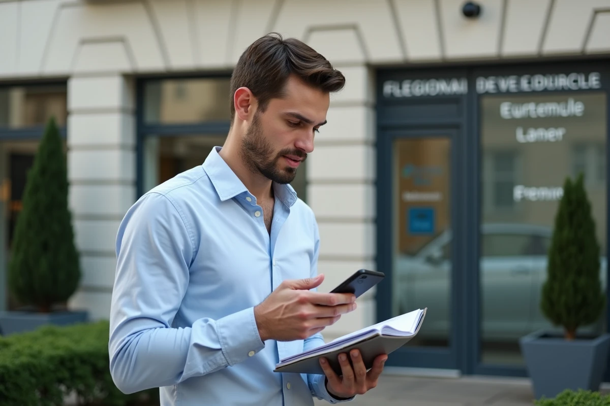 Jeune entrepreneur français devant un bâtiment d