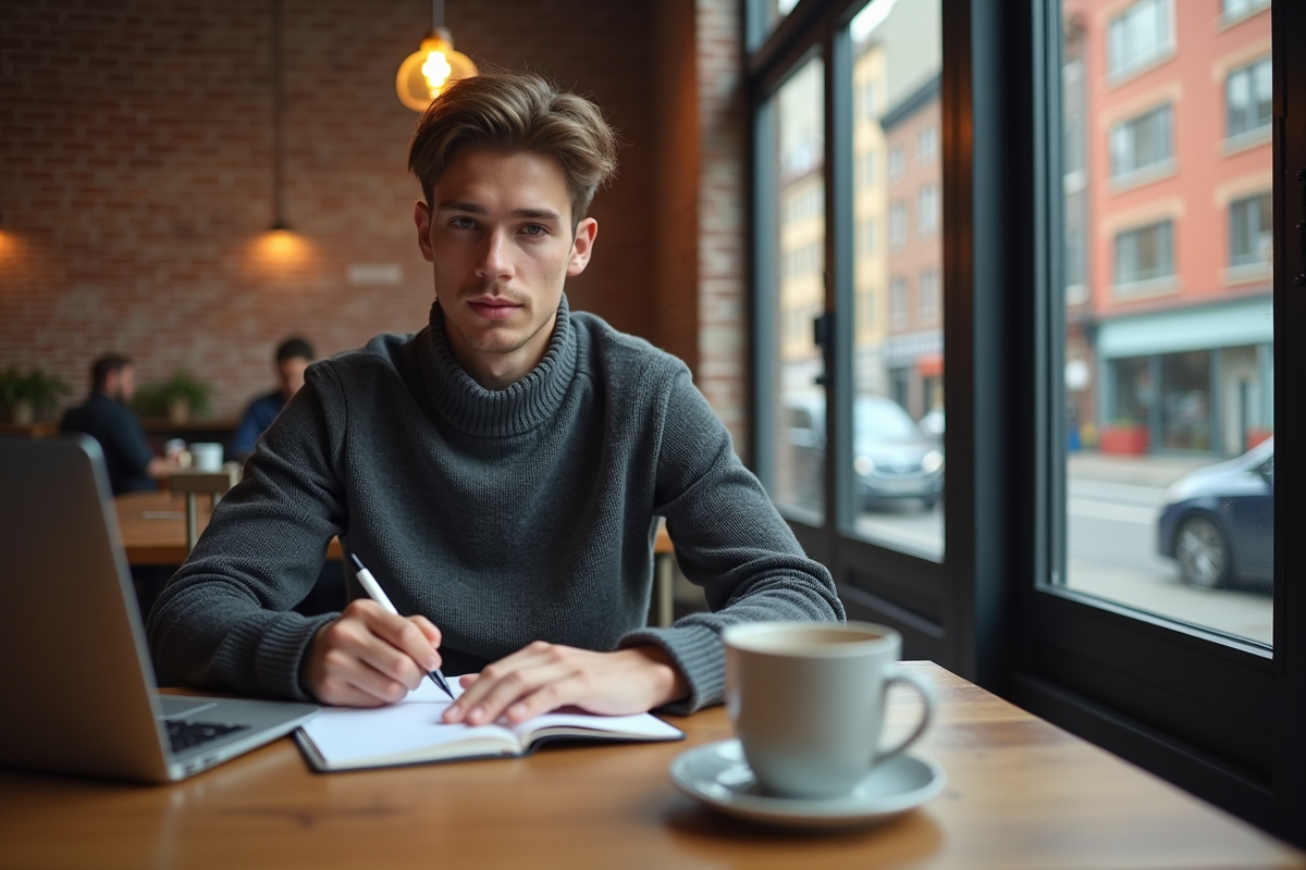 Etudiant marketing prenant des notes au café