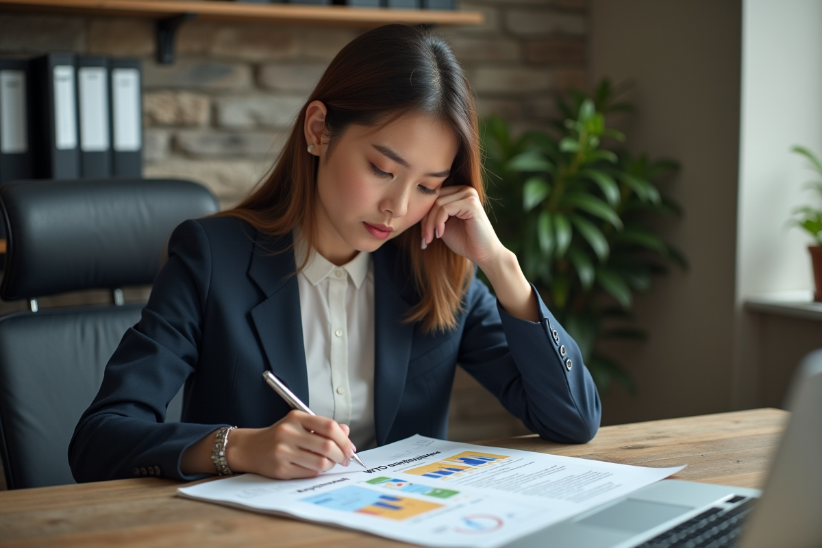 Jeune femme analysant un graphique sur son bureau professionnel