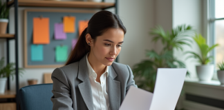 Jeune femme en bureau compare flyer et poster mat