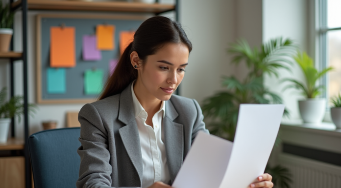 Flyer ou affiche : quel support choisir pour communiquer ? Jeune femme en bureau compare flyer et poster mat