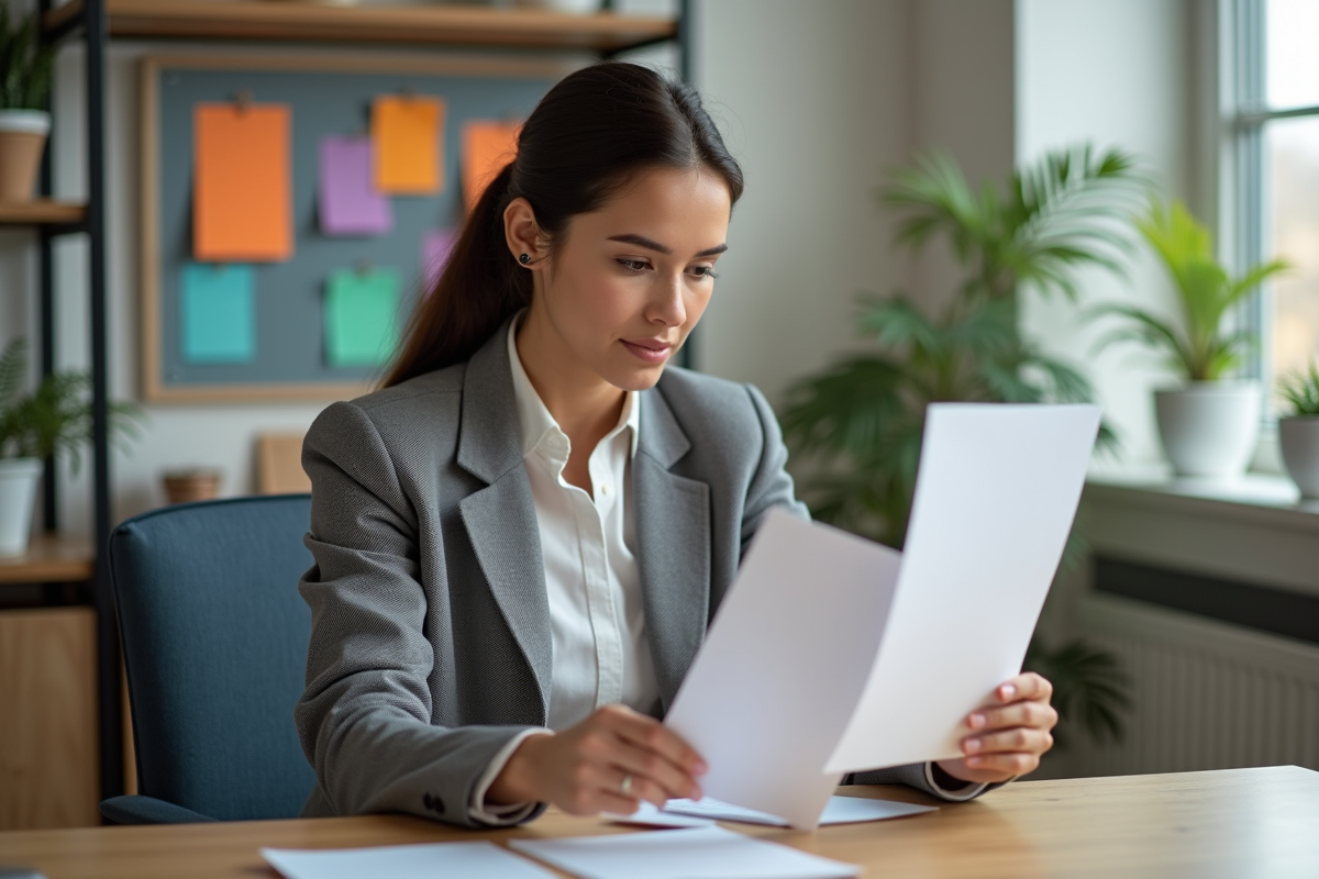 Jeune femme en bureau compare flyer et poster mat