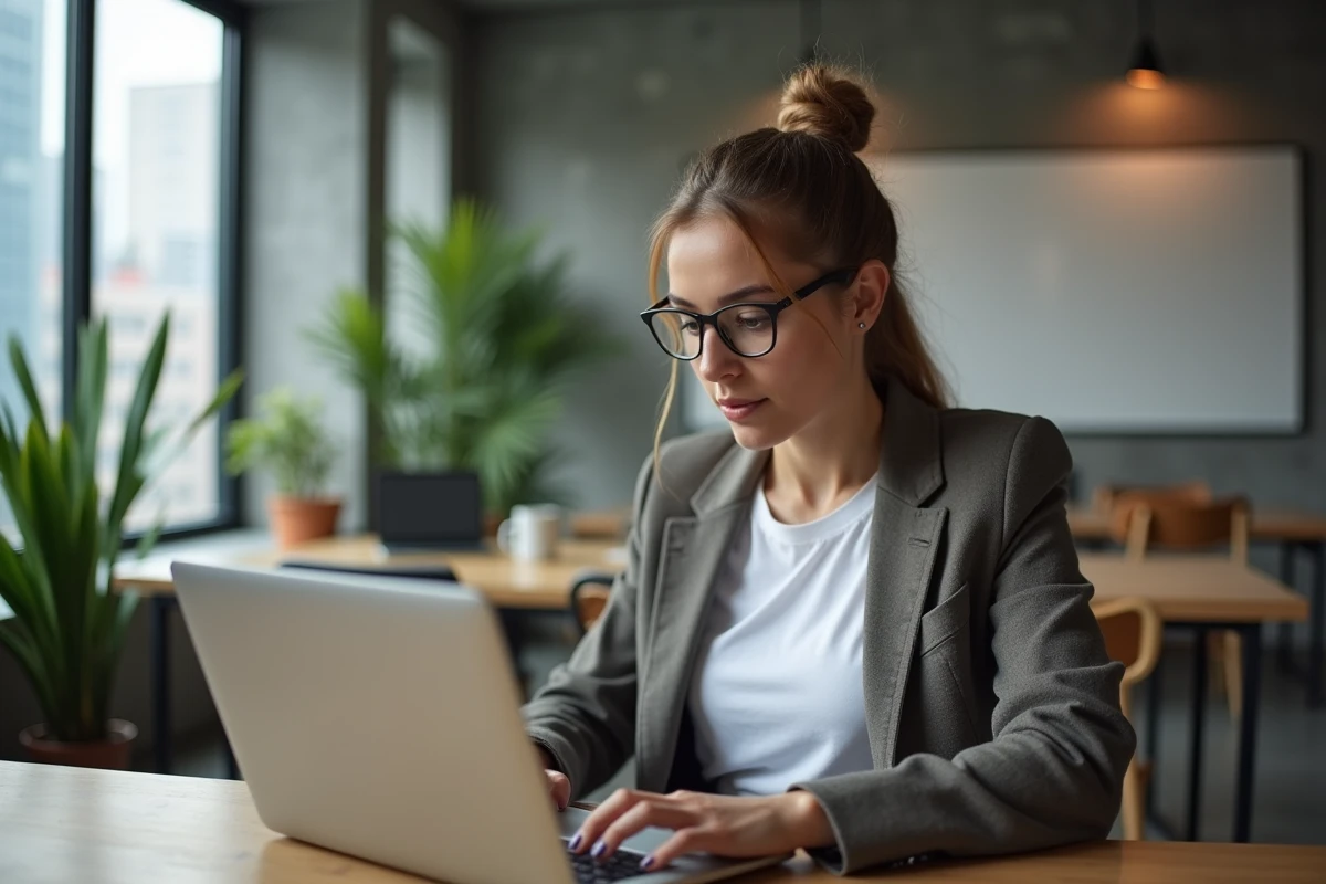 Jeune femme entrepreneur lisant Le Business Mag sur son laptop dans un espace de coworking moderne