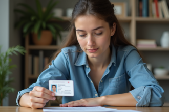 Jeune femme examine une piece d'identite francaise avec concentration