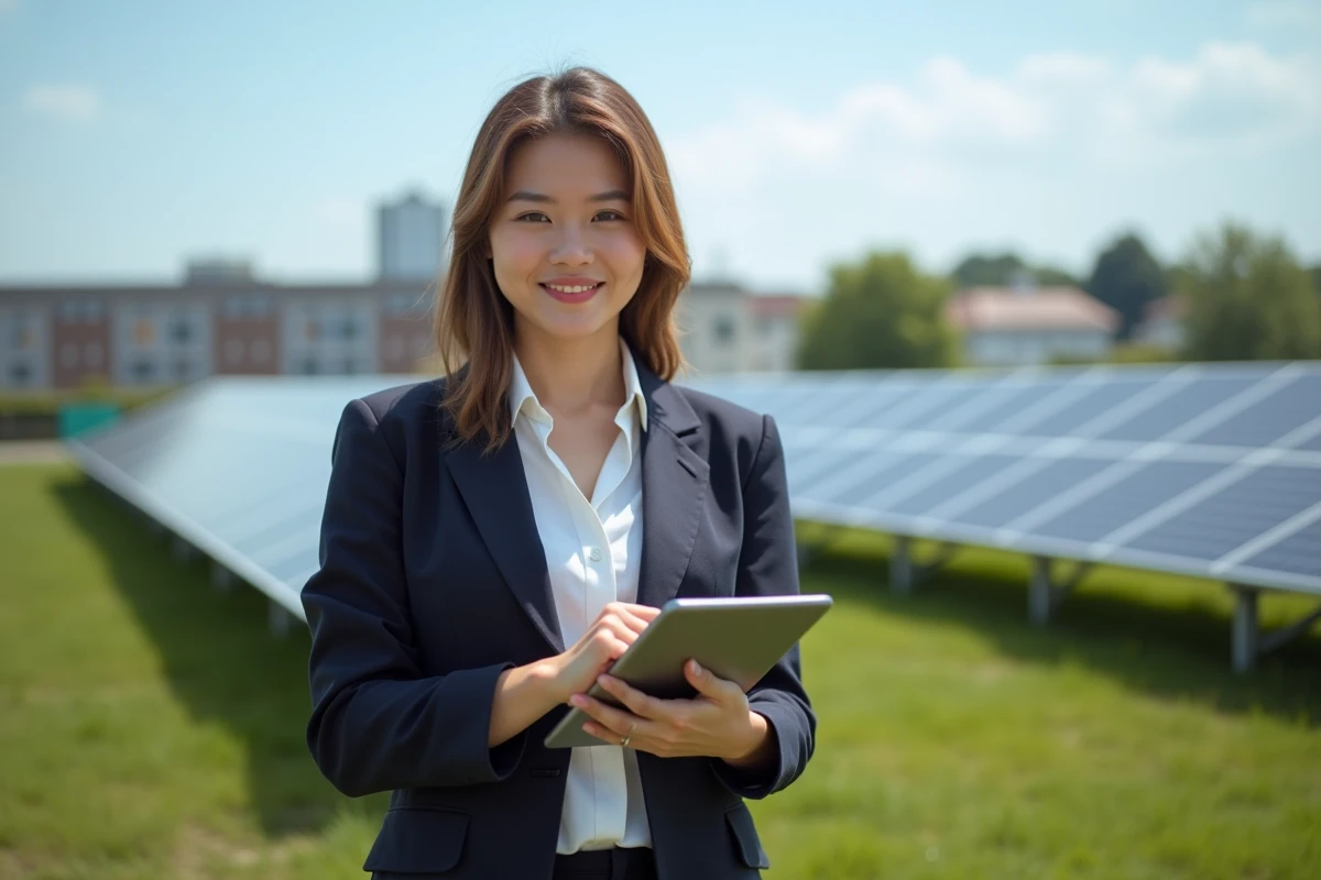 Jeune femme professionnelle près de panneaux solaires en extérieur