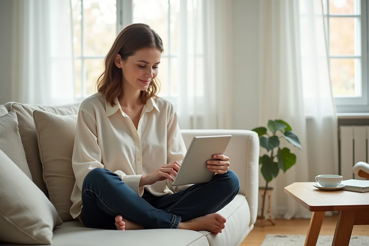 Jeune femme indépendante travaillant sur tablette depuis chez elle dans un appartement lumineux, symbolisant la flexibilité et l'autonomie du travail freelance