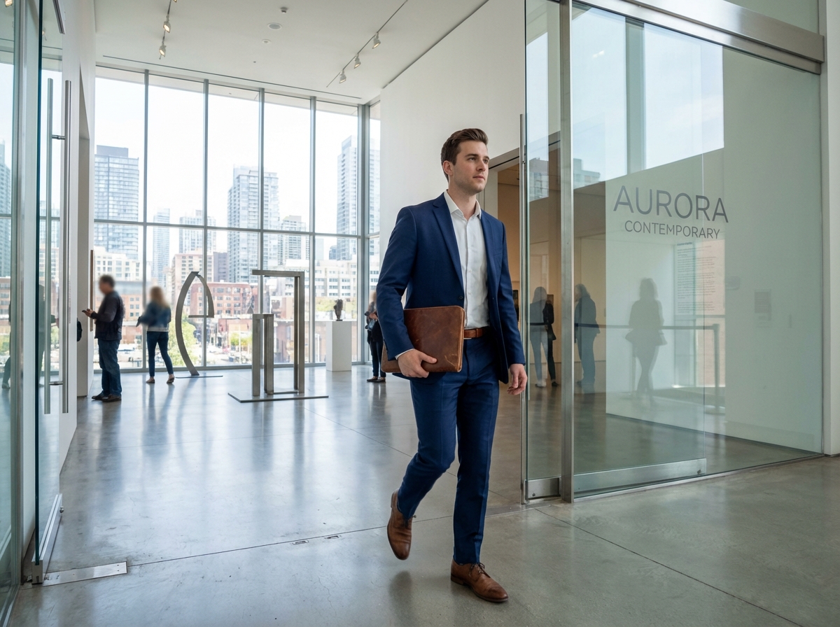 Jeune diplômé en costume dans une galerie d