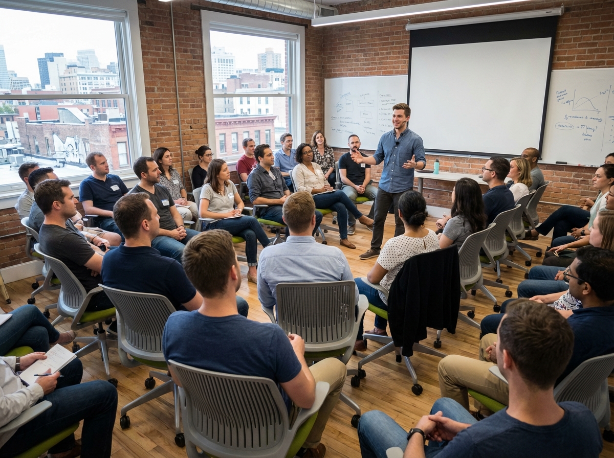 Jeune homme parlant devant une classe attentive