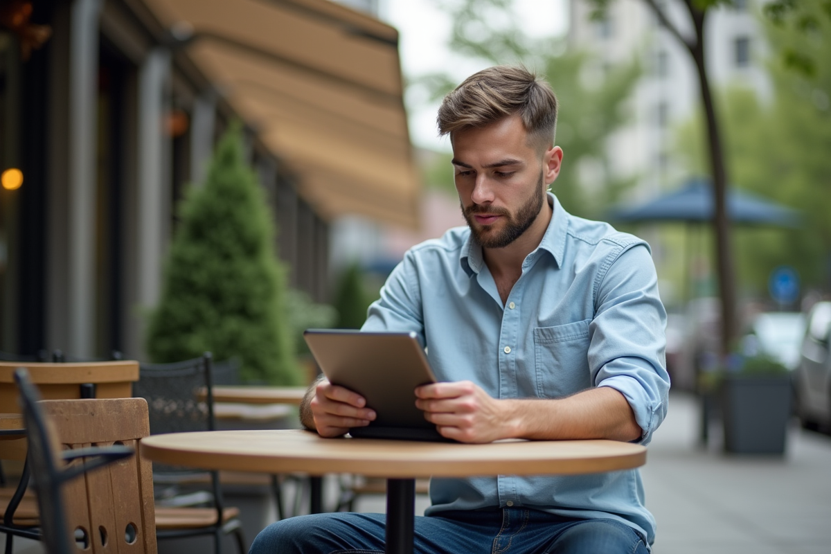 Jeune homme analysant des données sur une tablette en extérieur