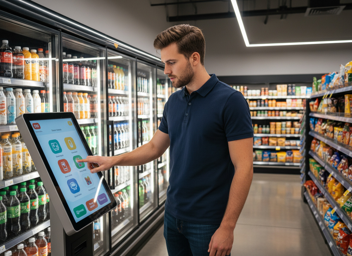 Jeune homme utilisant un kiosque digital en supermarché