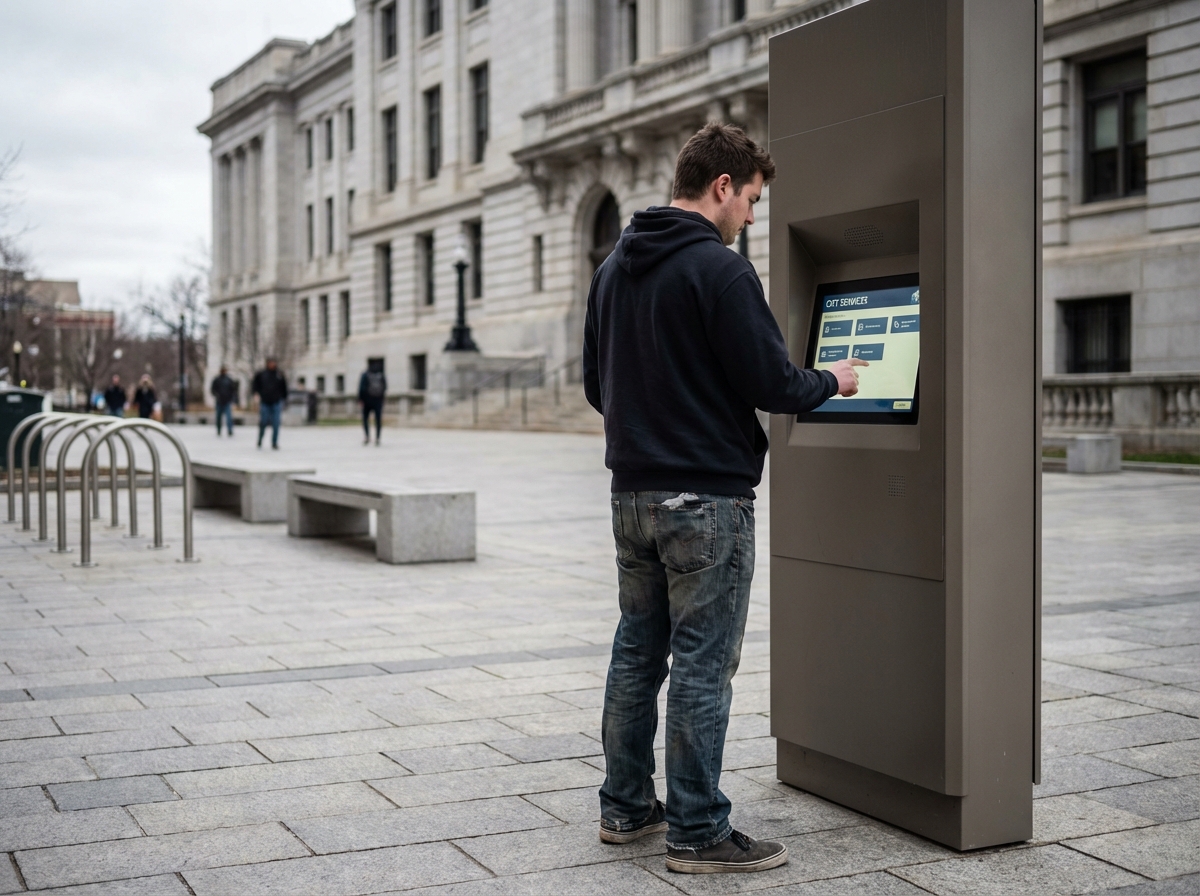Jeune homme utilisant un kiosque public en extérieur urbain