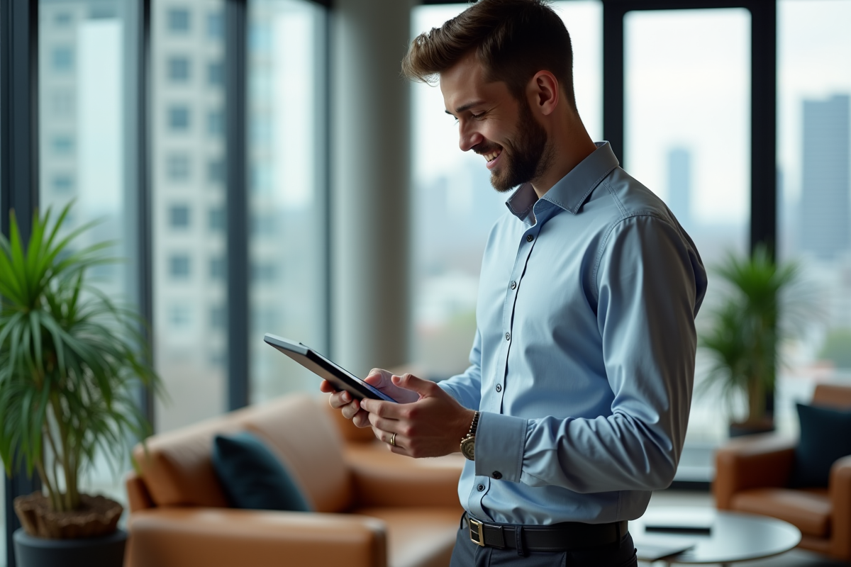 Jeune homme regardant une tablette avec dashboard ecommerce