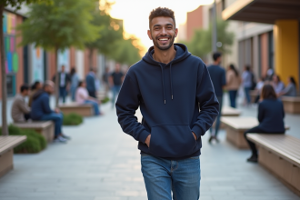 Jeune homme nord-africain souriant dans une place urbaine rénovée