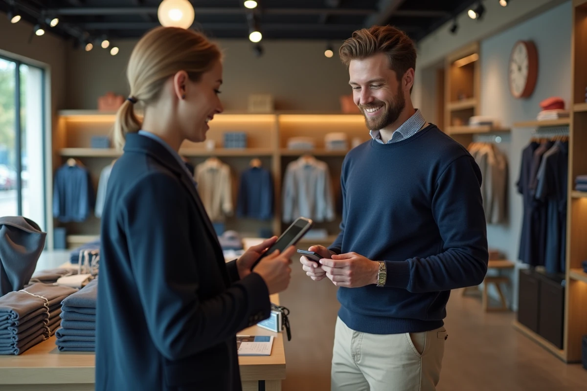Jeune homme dans une boutique de vêtements avec un vendeur