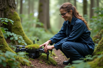 Jeune ingénieure en forêt avec drone mossé
